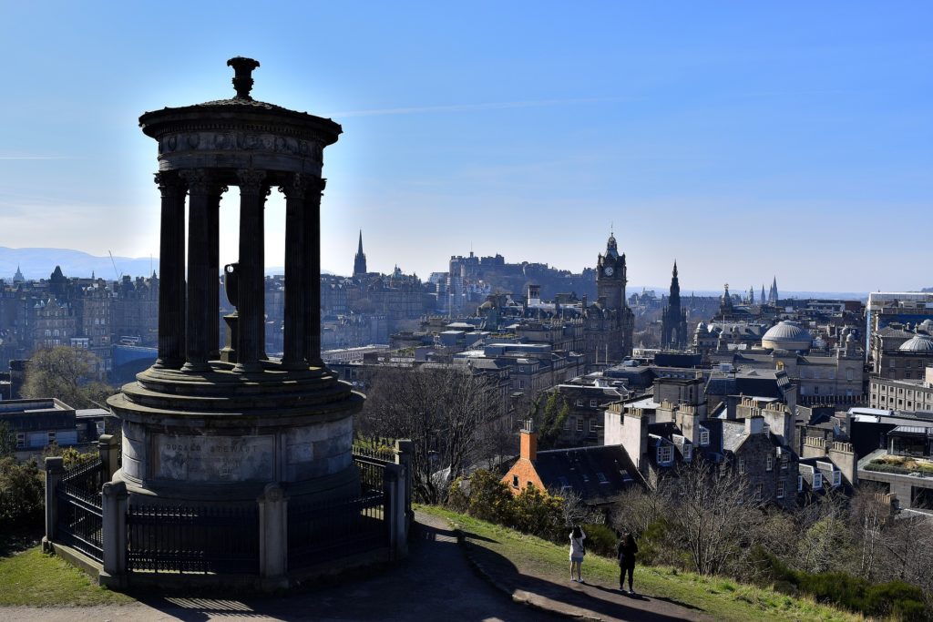 Historic Calton Hill with Edinburgh Castle in the distance